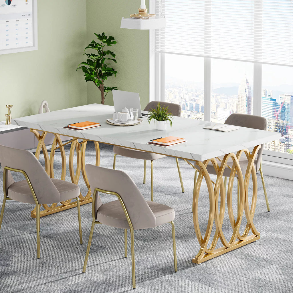 Modern Executive Desk with Faux Marble Top, 63″ Large Office Table in White Gold - DSARD