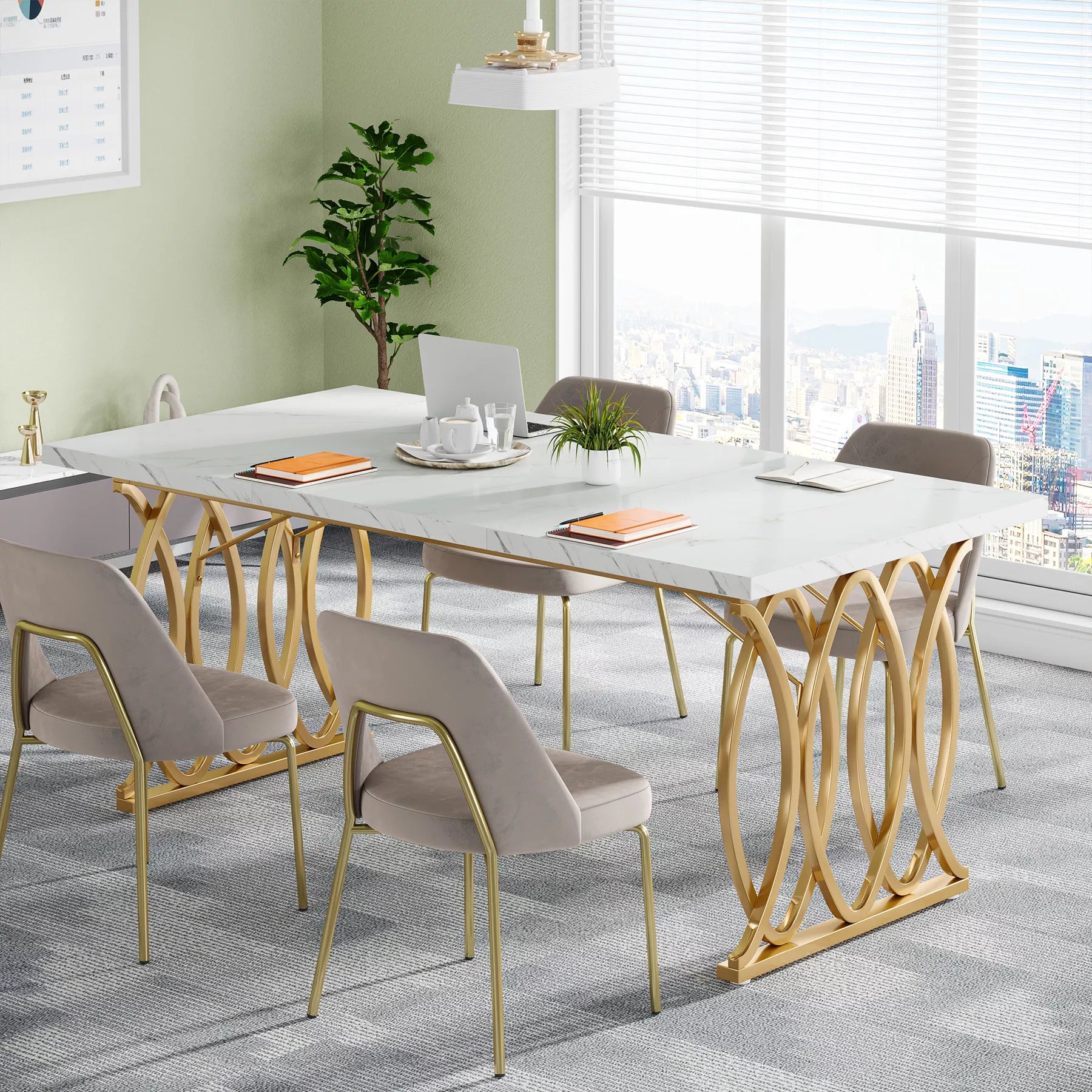 Modern Executive Desk with Faux Marble Top, 63″ Large Office Table in White Gold - DSARD