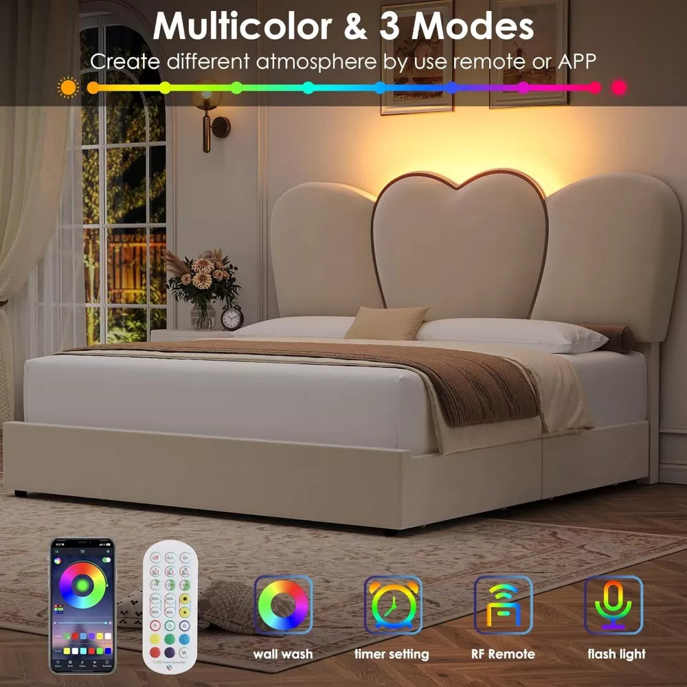 Queen LED Velvet Bed Frame with Storage Drawers and Heart-Shaped Headboard - DSARD