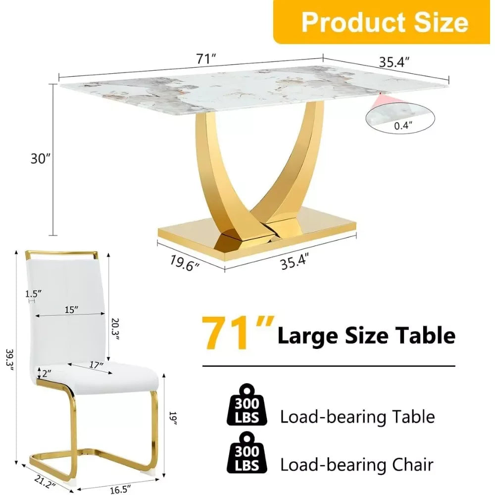 71″ Dining Table Set for 8, Gold Kitchen Table with 8 PU Leather Chairs - DSARD - DSARD