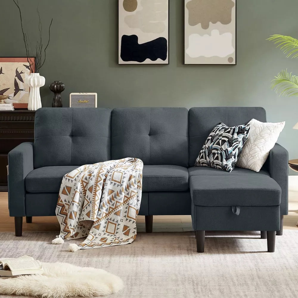 Modern 79″ L-Shaped Convertible Sectional Sofa with Storage Chaise, Linen Fabric - DSARD