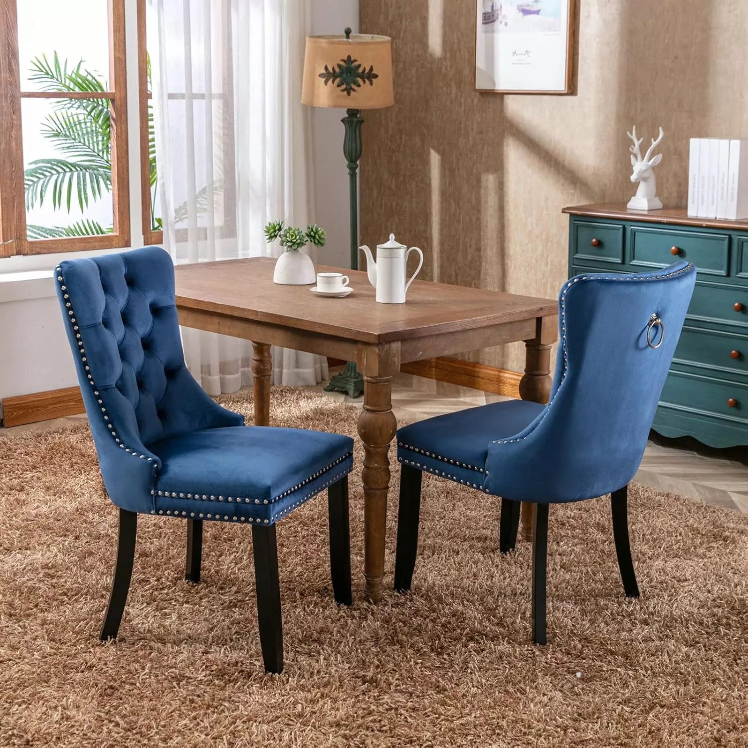 Upholstered Dining Chairs Set of 2 with Nailhead Trim & Solid Wood Legs - DSARD