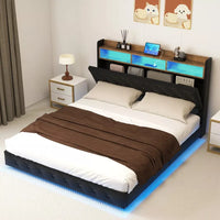 Queen Floating Bed Frame with LED Lights, Crystal-Tufted Headboard, and USB Charging Ports - DSARD