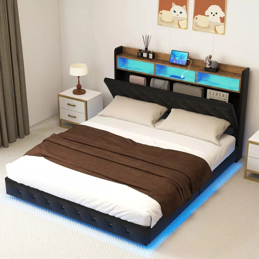 Queen Floating Bed Frame with LED, Crystal-Tufted Headboard & USB