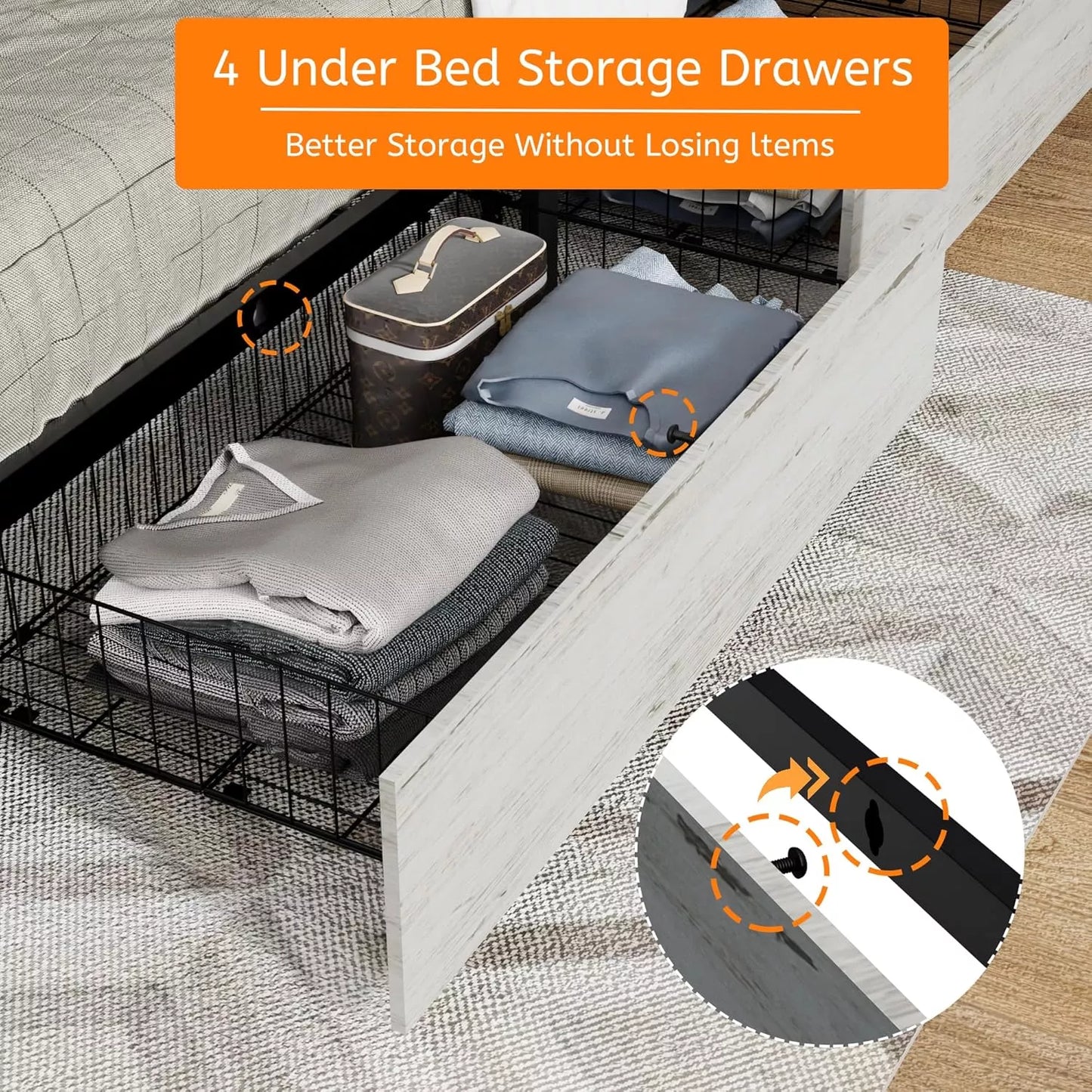 LED Bed Frame with Charging Station, Tall Headboard & 4 Storage Drawers - DSARD