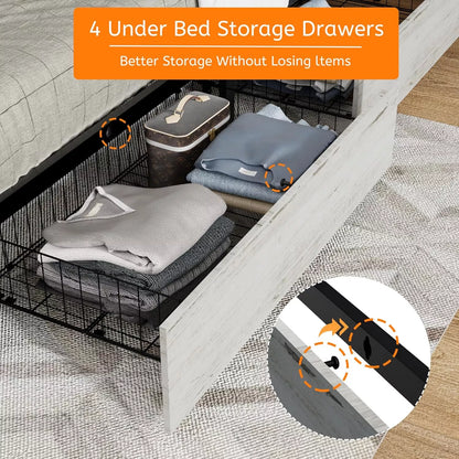 LED Bed Frame with Charging Station, Tall Headboard & 4 Storage Drawers - DSARD