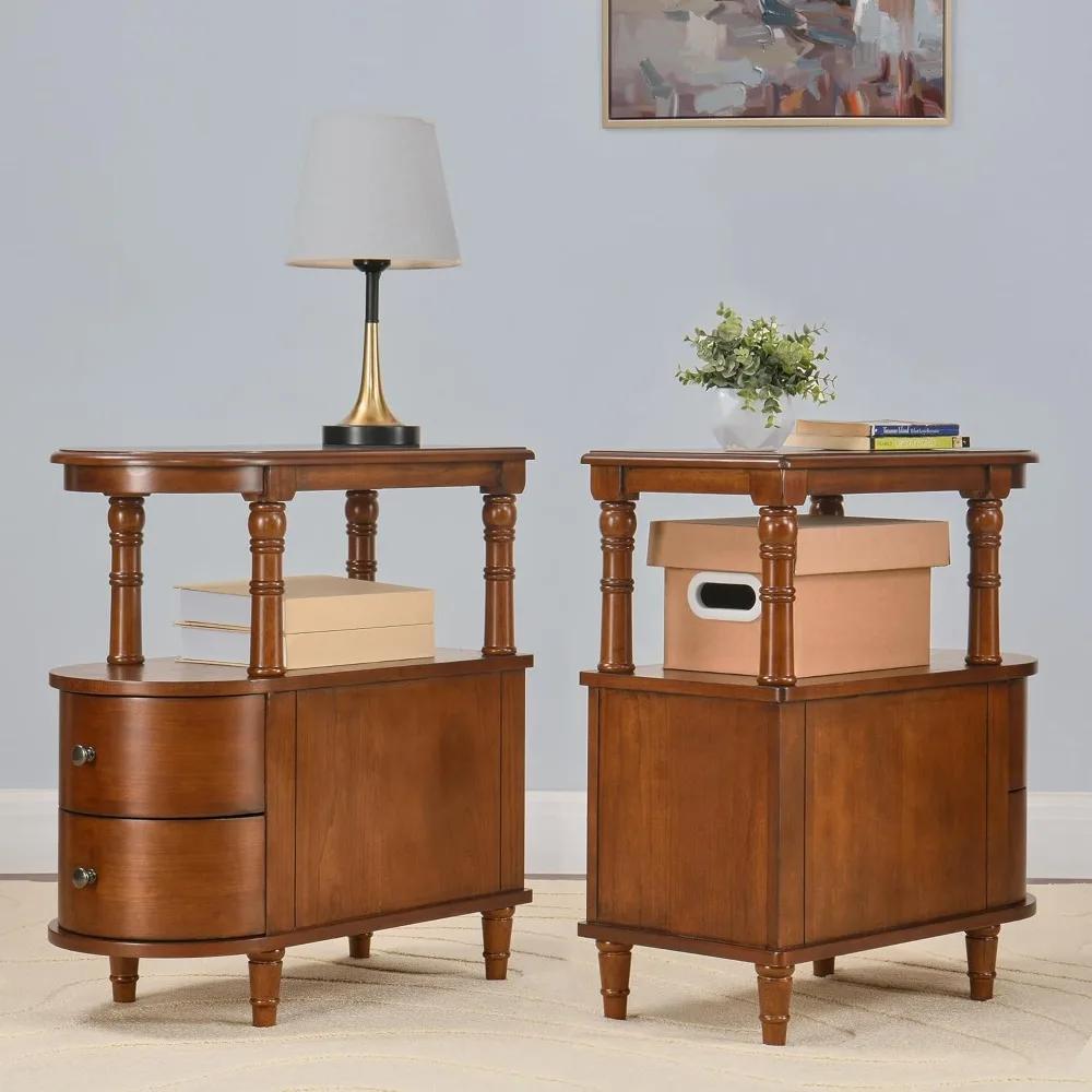 Set of 2 Narrow Wood Premium Nightstands with Drawers