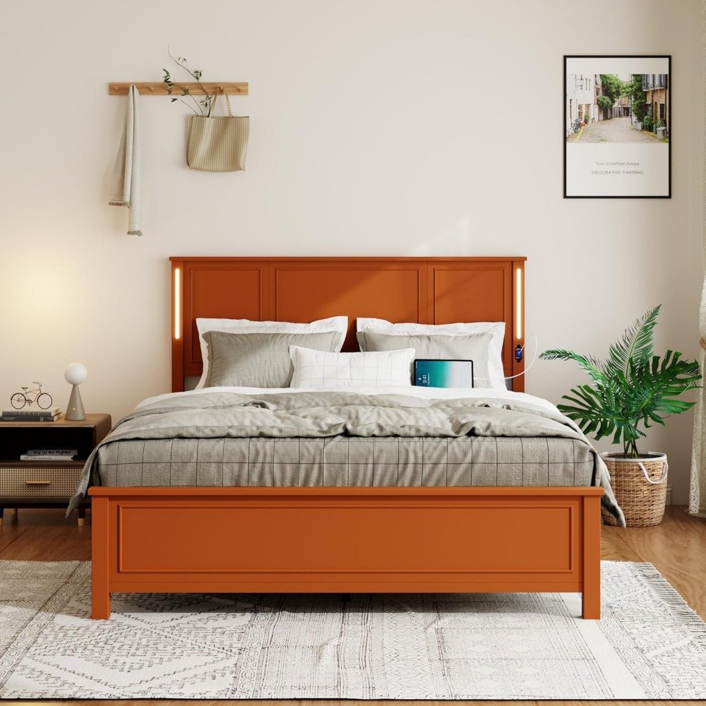 Queen Rustic Wooden Bed Frame with Headboard, LED & Charging Station