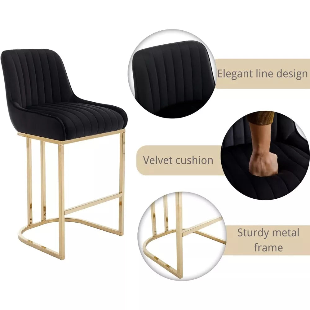 Modern Velvet Bar Stools Set of 4 with Gold Base – Comfortable Counter Height Breakfast Stools - DSARD