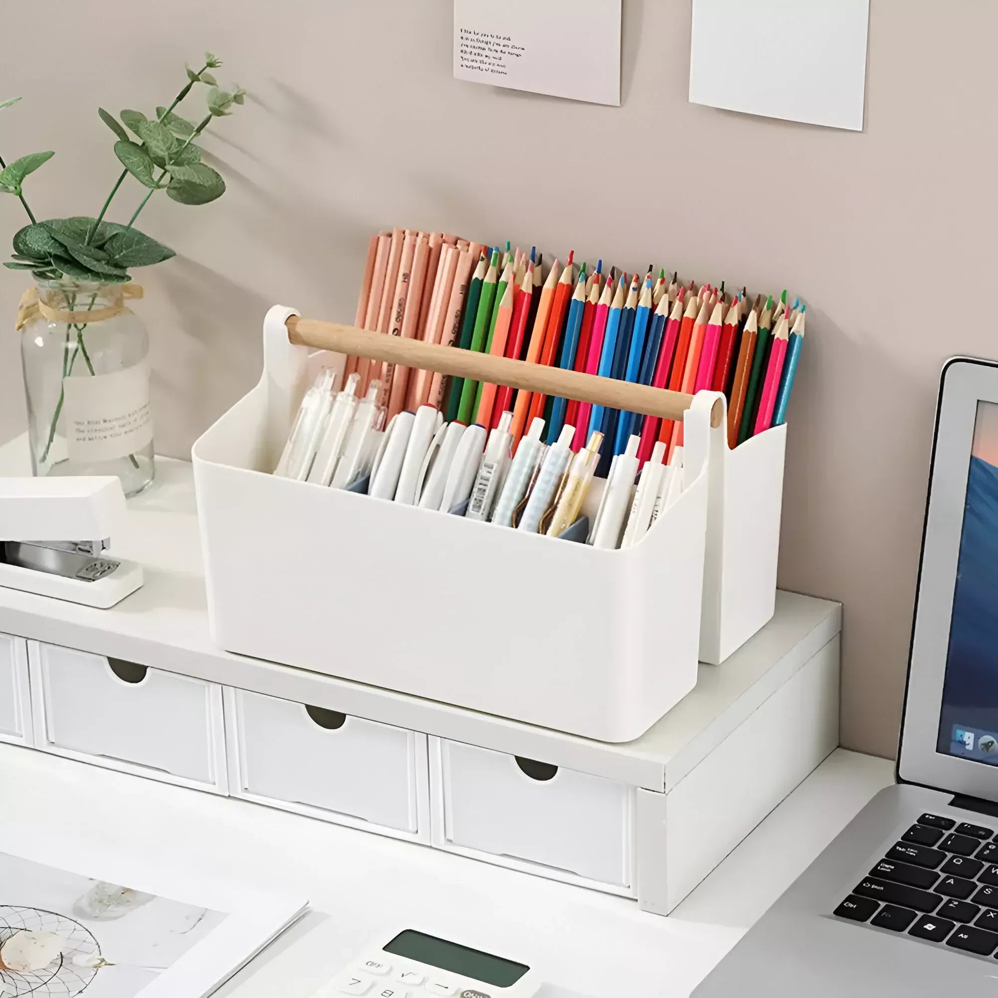 Adjustable Plastic Desktop Organizer Caddy with Wooden Handle - DSARD