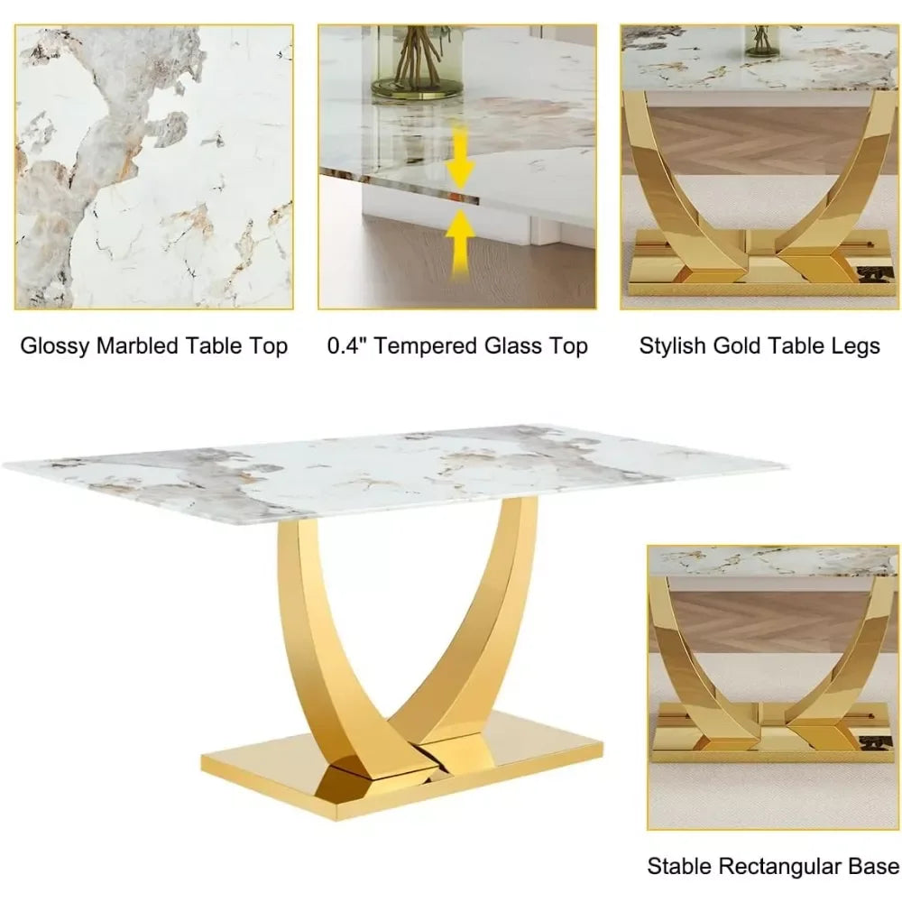 71″ Dining Table Set for 8, Gold Kitchen Table with 8 PU Leather Chairs - DSARD - DSARD