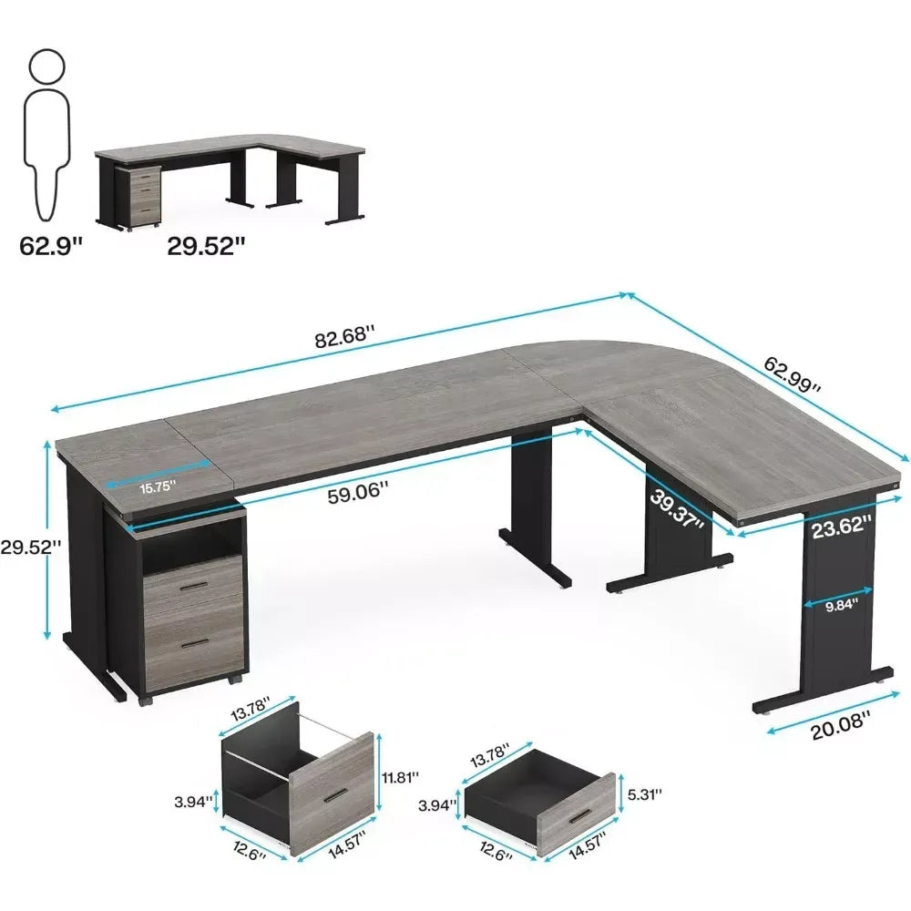 83-Inch L-Shaped Executive Office Desk with 3-Drawer File Cabinet - DSARD - DSARD