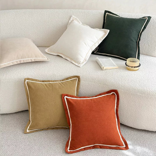 Ribbed Linen Pillow Cover with Embroidered Edges – Stylish Home Decor