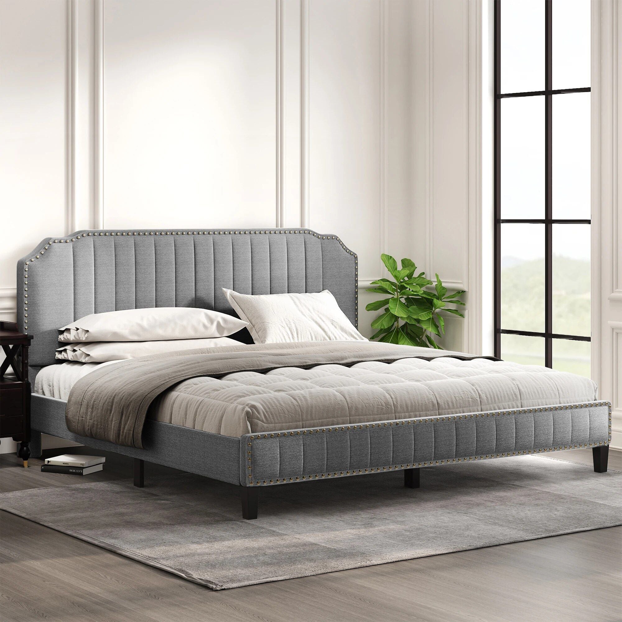 Linen Platform Bed with Nailhead Trim – Modern Upholstered Queen