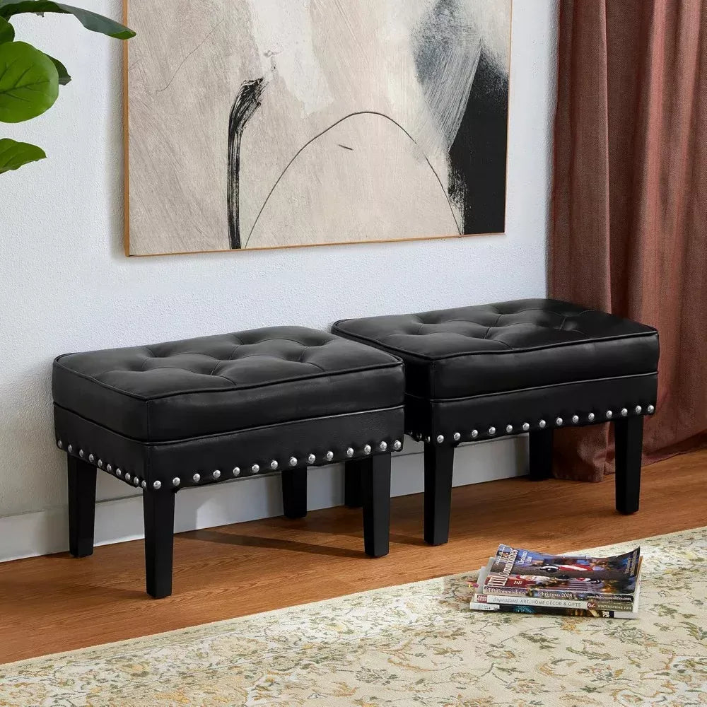Mid-Century Modern PU Leather Vanity Stool Set – Tufted Ottoman with Nailhead Trim - DSARD