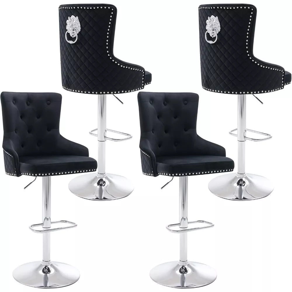 Velvet Swivel Bar Stools Set of 4 – Elegant Counter Height Chairs with Tufted High-Back & Lion Head Ring - DSARD