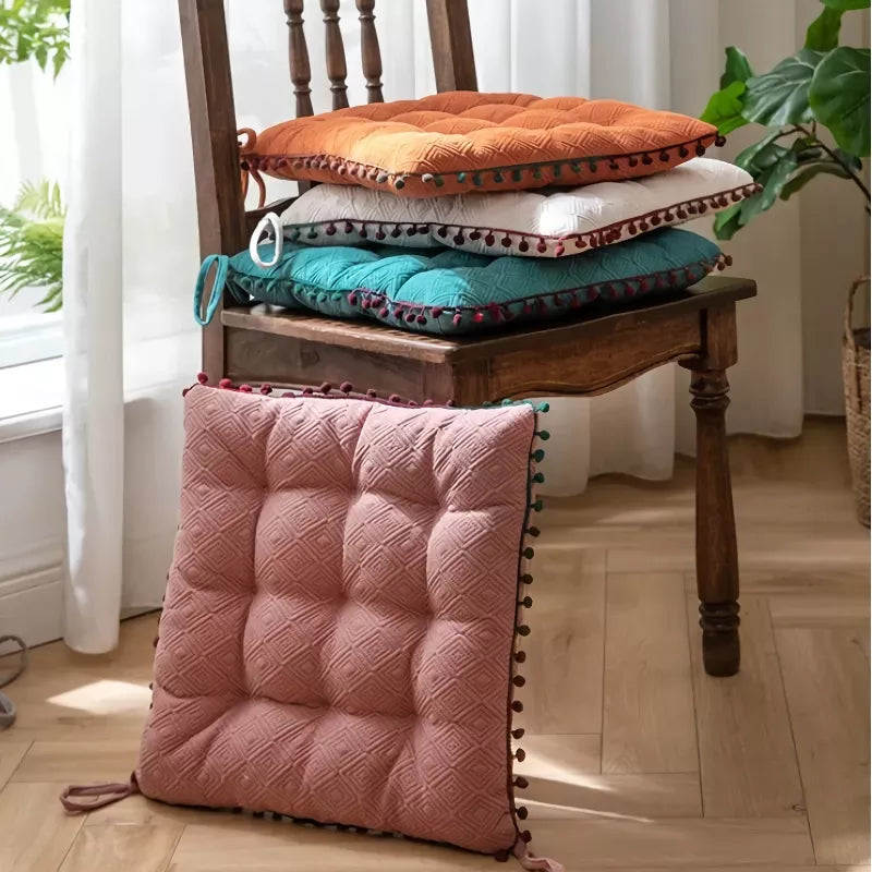 Bohemian Square Pompom Chair Cushion with Ties – Soft Decorative Floor Pillow