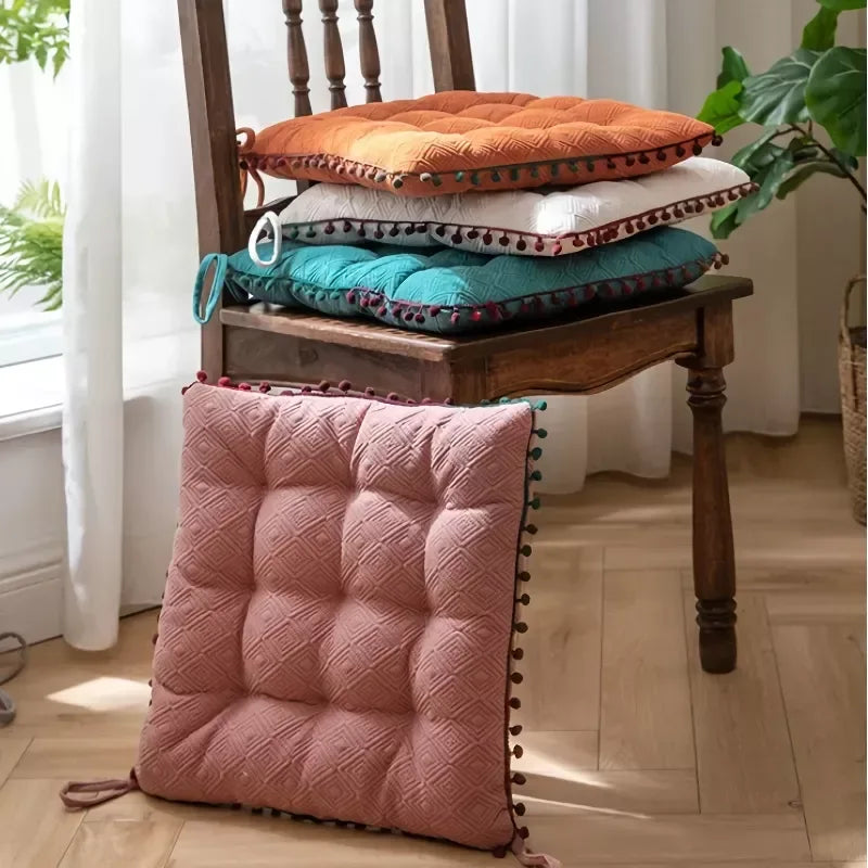 Bohemian Square Pompom Chair Cushion with Ties – Soft Decorative Floor Pillow - DSARD