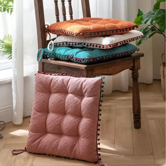 Bohemian Square Pompom Chair Cushion with Ties – Soft Decorative Floor Pillow