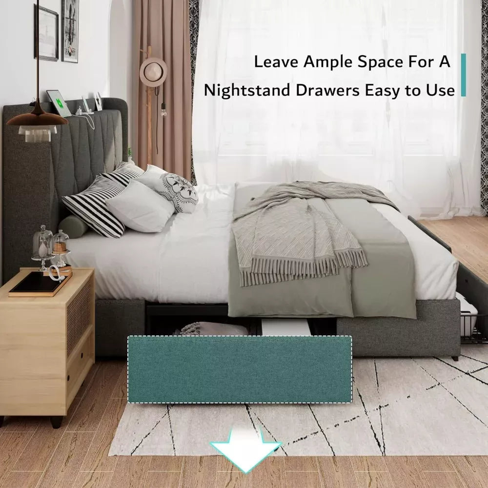 King Size Bed Frame with 4 Storage Drawers, Wingback Headboard & Charging Station - DSARD