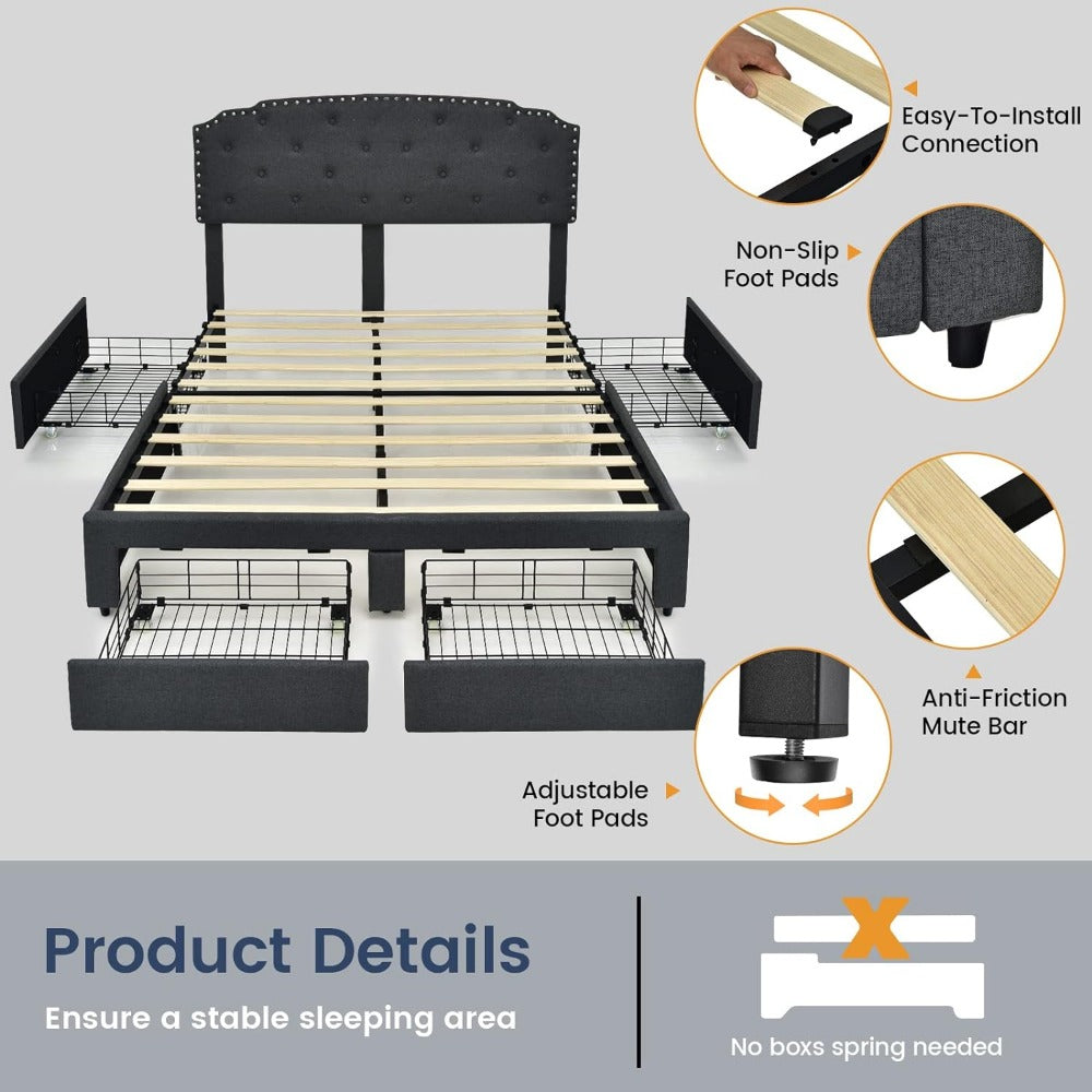 Full-Size Bed with Adjustable Headboard and Built-In Storage Drawers - DSARD