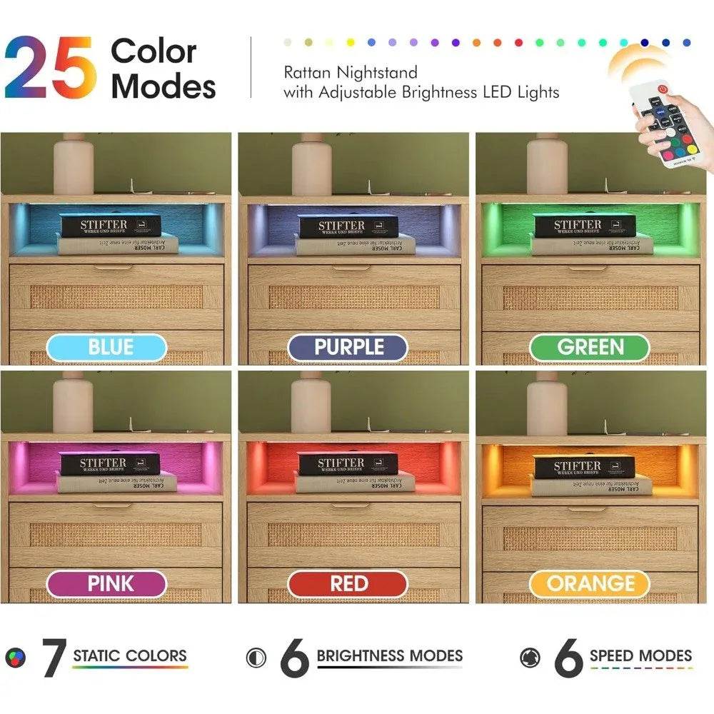 Boho Rattan Premium Nightstands with Charging Station, LED Lights & Drawers - DSARD