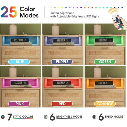 Boho Rattan Premium Nightstands with Charging Station, LED Lights & Drawers - DSARD