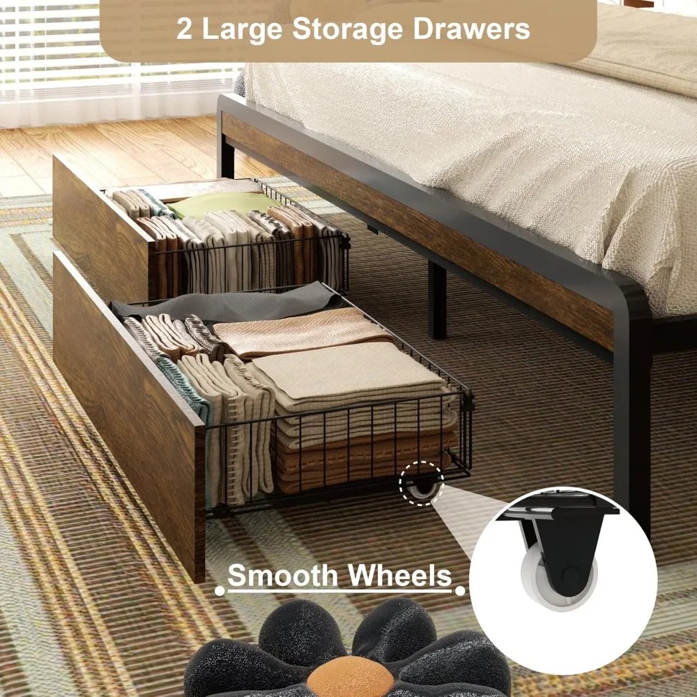 King Size Platform Bed Frame with Drawers, LED Lights & Charging Station - DSARD