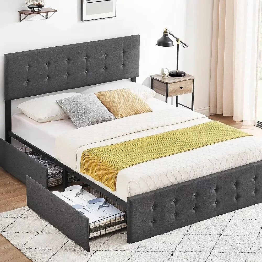 Full Size Upholstered Bed Frame with Storage Drawers & Adjustable Headboard - DSARD