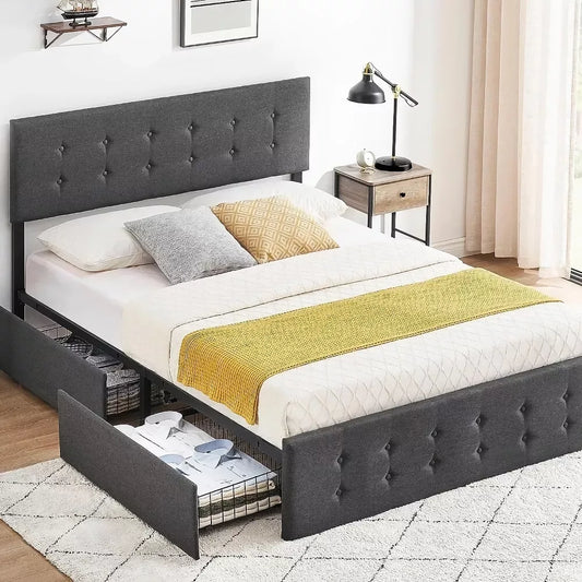 Full Size Upholstered Bed Frame with Storage Drawers & Adjustable Headboard - DSARD