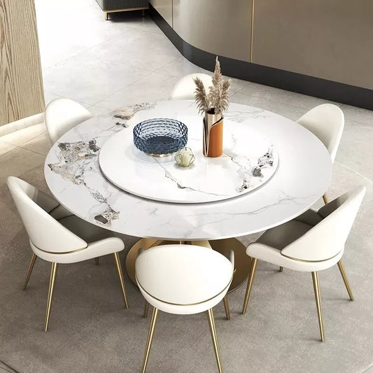 Luxury Marble Round Dining Table with Gold Stainless Steel Frame and Turntable - DSARD