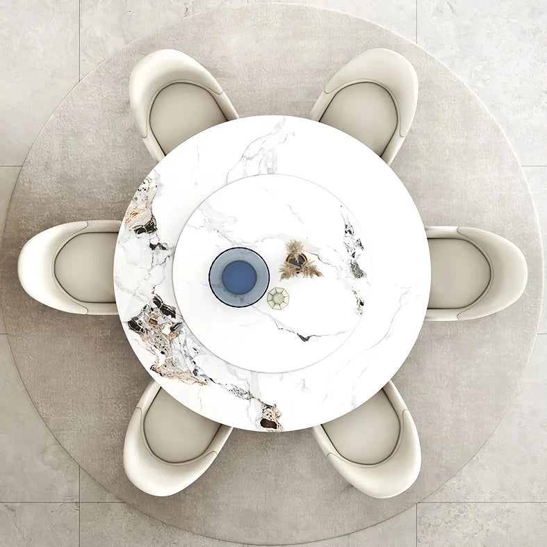 Luxury Marble Round Dining Table with Gold Stainless Steel Frame and Turntable - DSARD