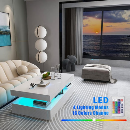 Modern High Gloss Coffee Table with RGB LED Lighting - Rectangular White Design for Living Rooms - DSARD