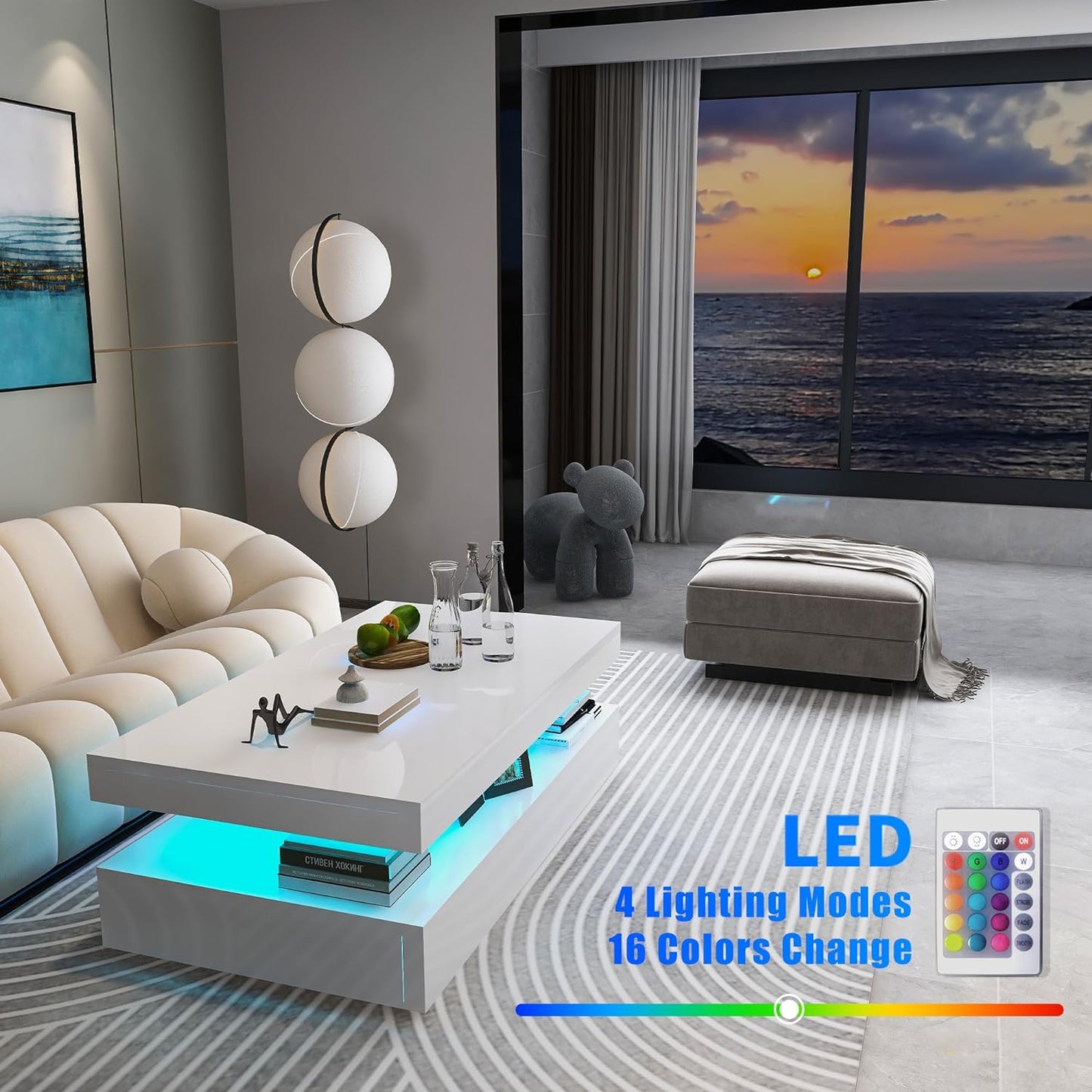Modern High Gloss Coffee Table with RGB LED Lighting - Rectangular White Design for Living Rooms - DSARD