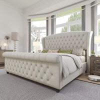 King Size Chenille Upholstered Sleigh Bed Frame with Scroll Wingback Headboard - DSARD