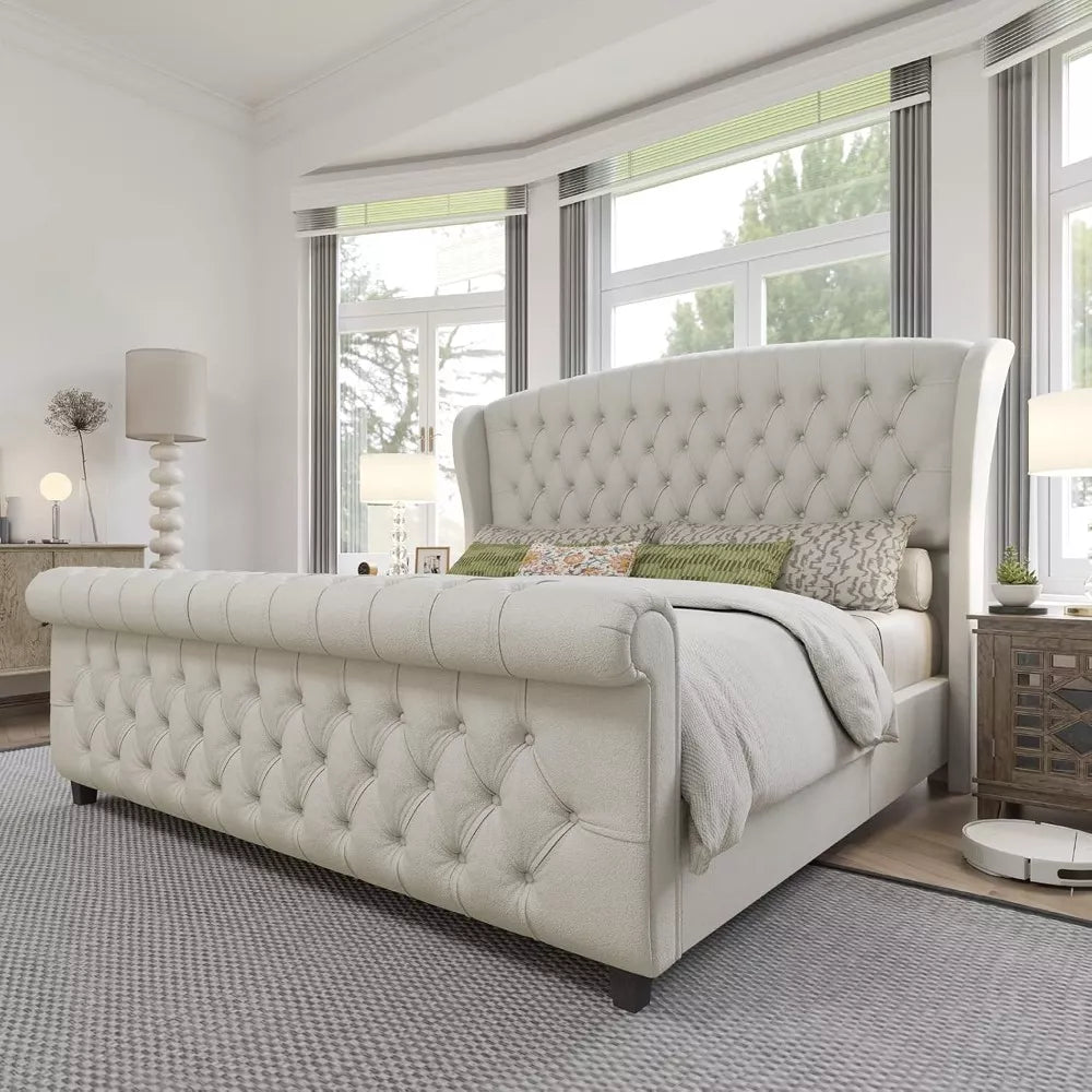 King Chenille Sleigh Bed with Scroll Wingback Headboard