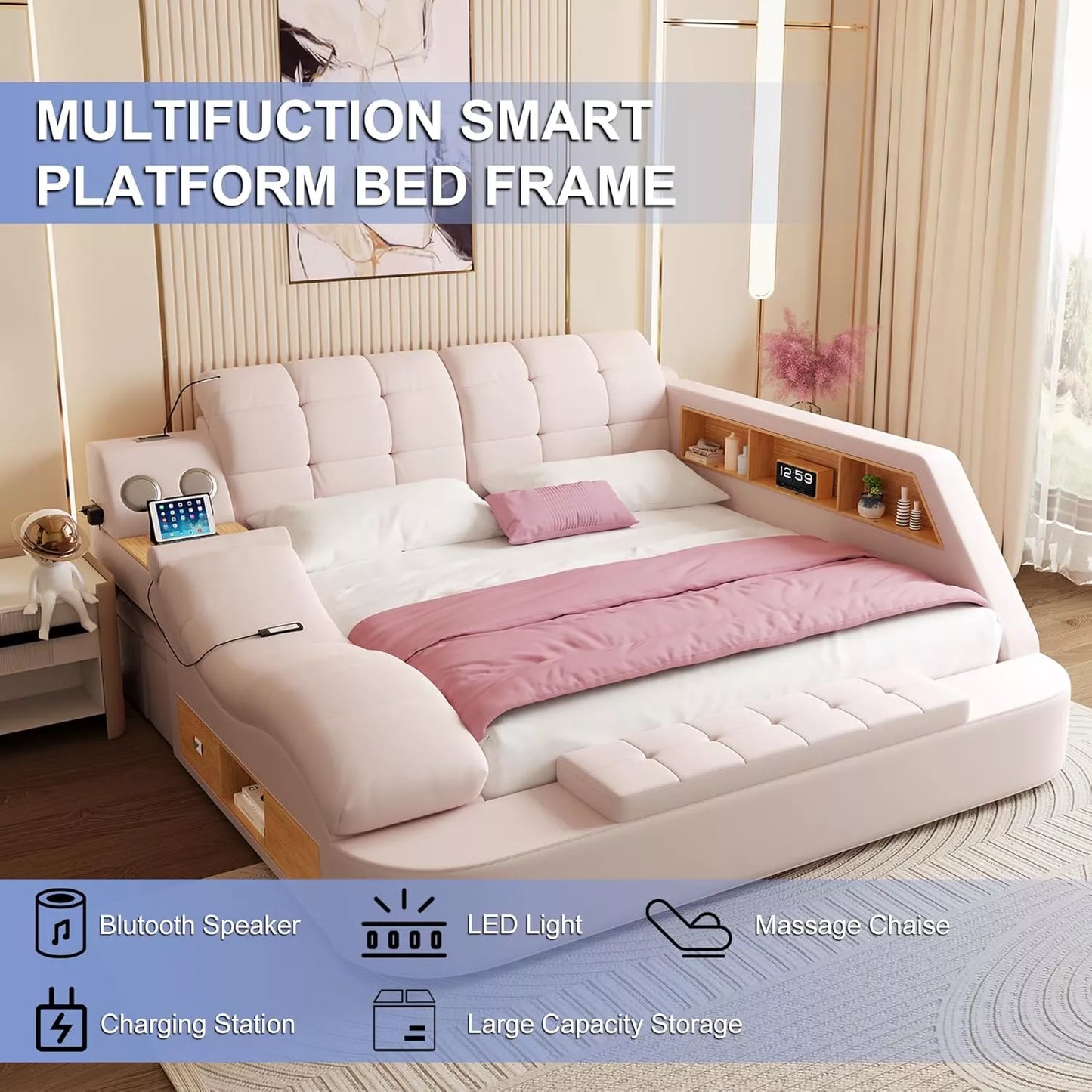Luxury Smart King Bed Frame with Massage Recliner, USB, Storage & Speakers - DSARD