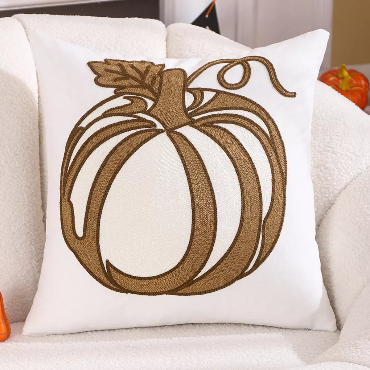 45x45cm Pumpkin Embroidered Cotton Pillow Cover – Cozy Fall Décor