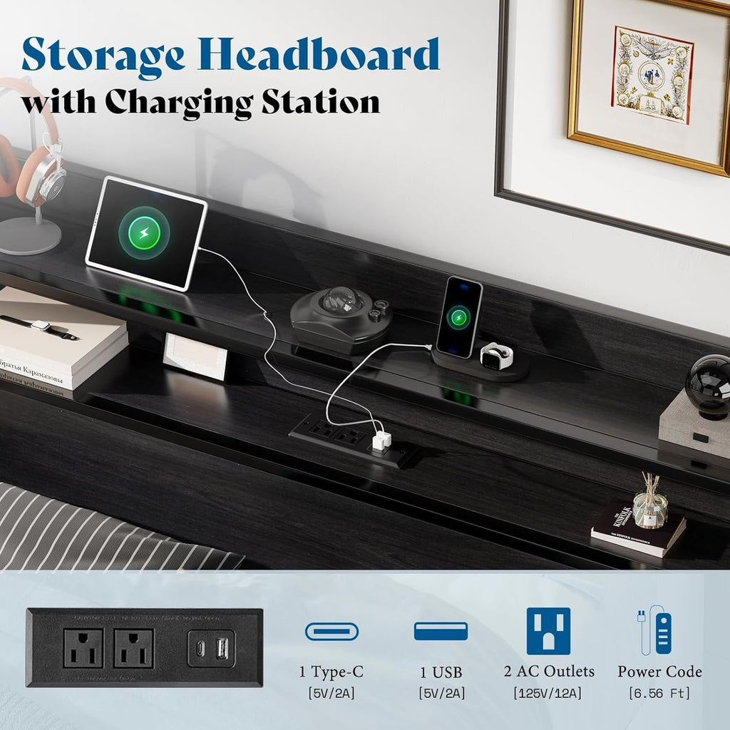 King Platform Bed with Galaxy Projector & Charging Headboard