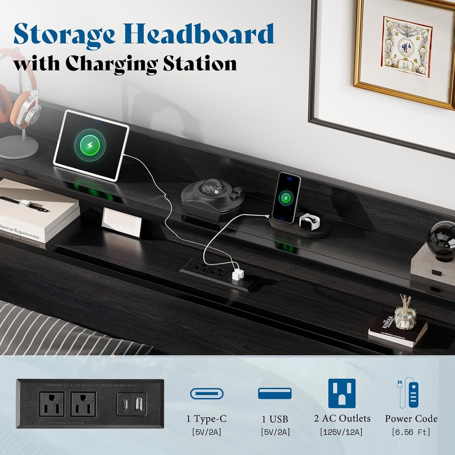 King Platform Bed with Galaxy Projector & Charging Headboard