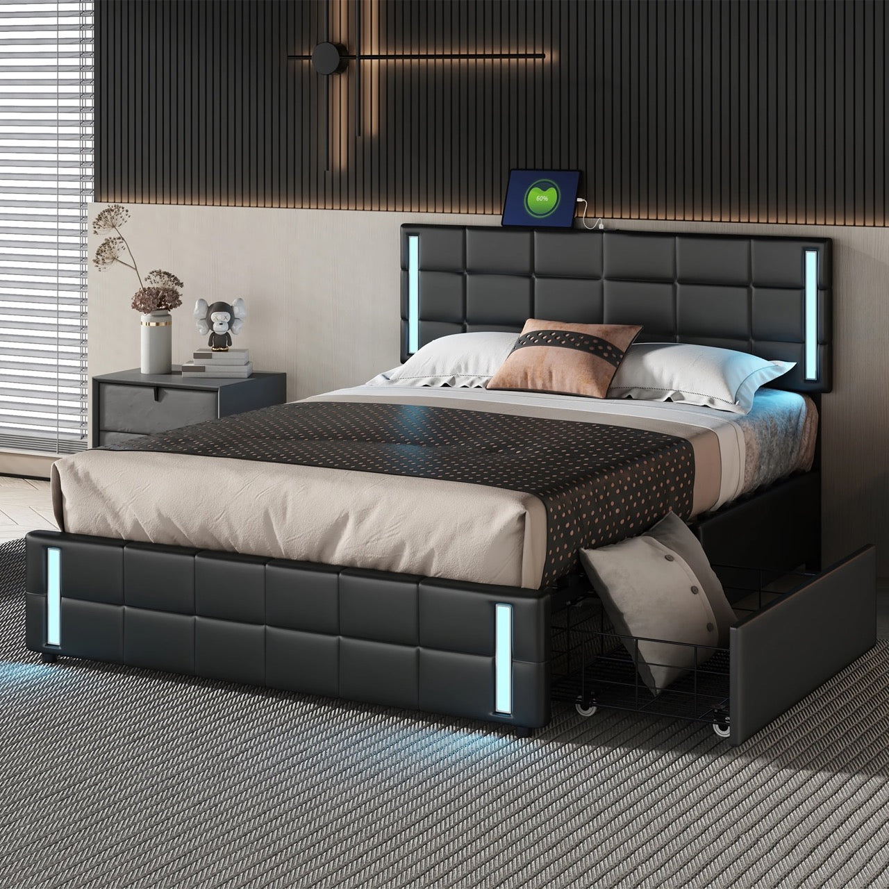 Queen Platform Bed with LED Lights – Modern Upholstered Bedroom