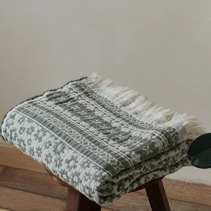 Pure Cotton Jacquard Tassel Throw Blanket for Sofa, Bed & Travel