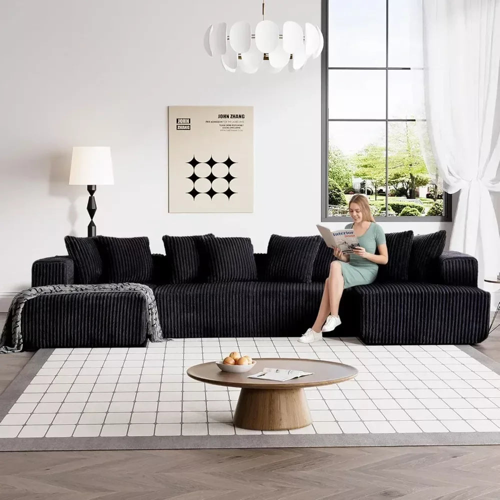 131″ Modular Black Corduroy Sectional Sofa with Chaise and 8 Pillows - DSARD - DSARD