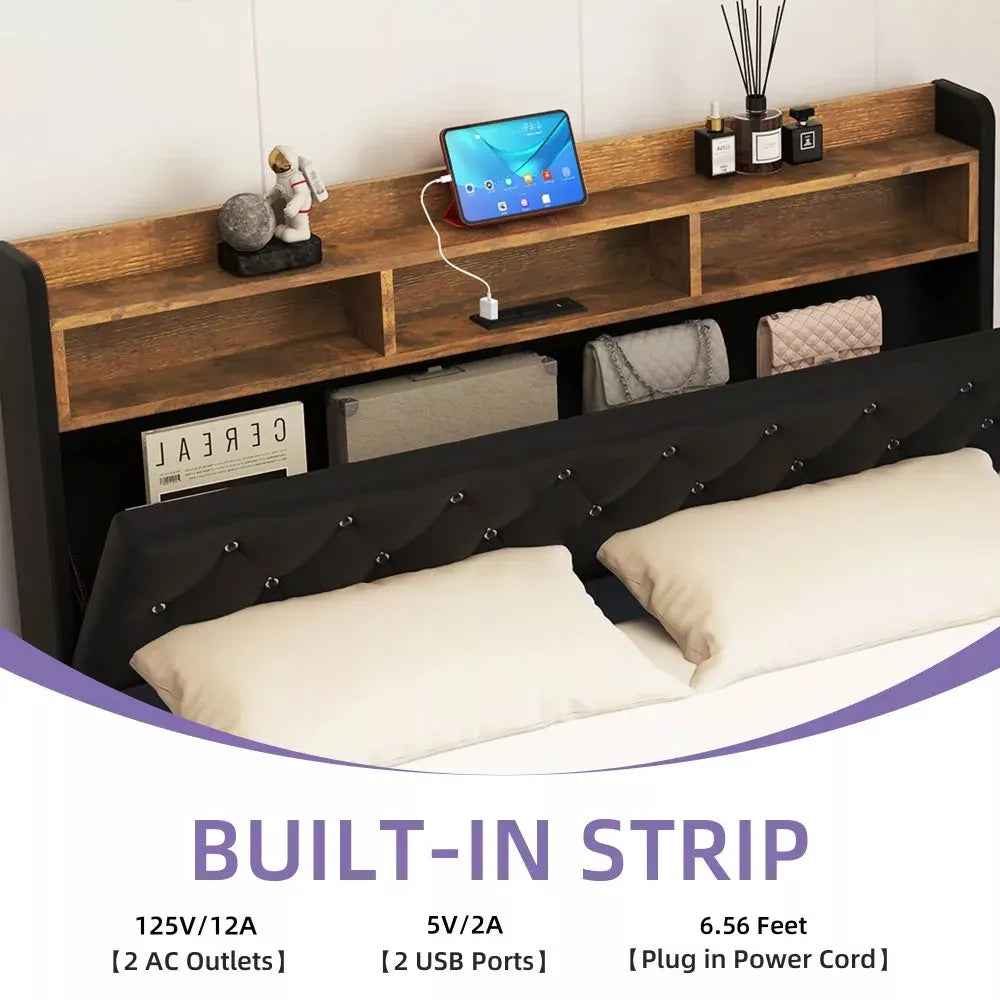 Queen Floating Bed Frame with LED, Crystal-Tufted Headboard & USB