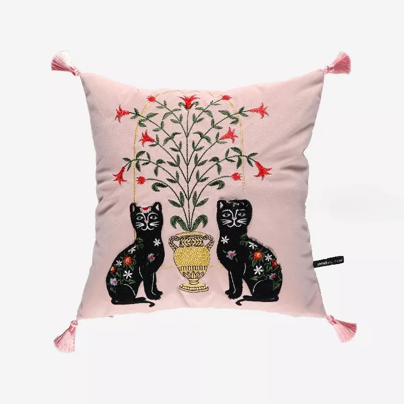 Pink Leopard & Black Cat Embroidered Decorative Pillow Cover