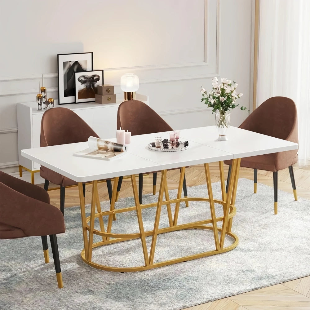 Modern White & Gold Dining Table with Marble Top - DSARD