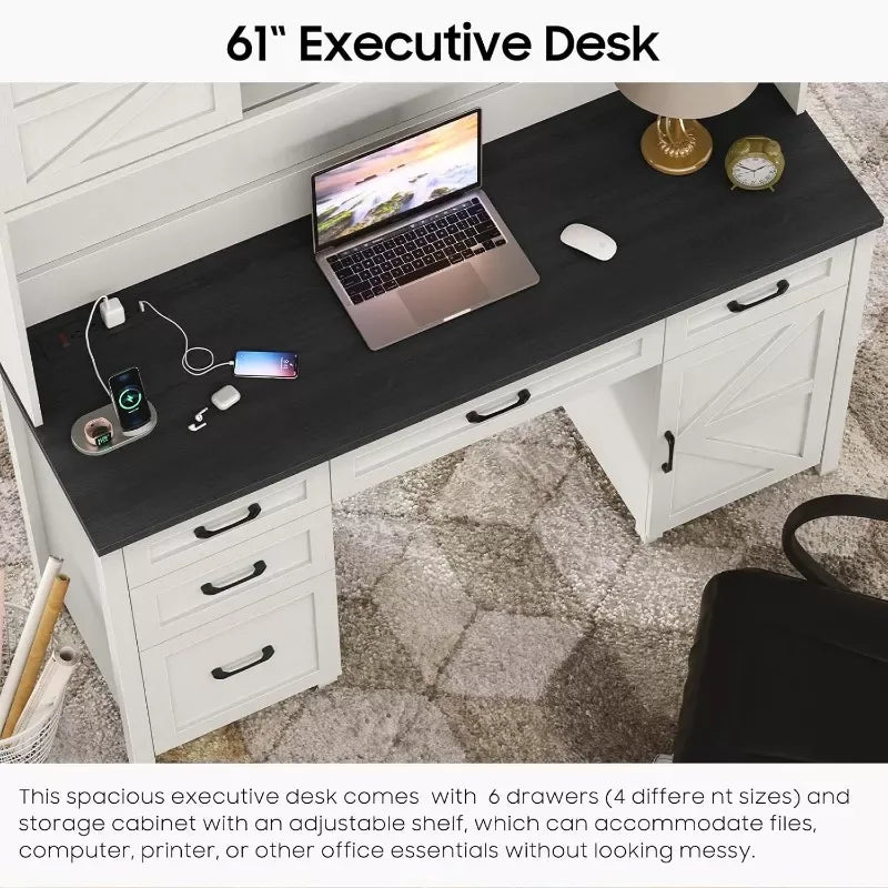 Farmhouse Executive Desk with Hutch and Charging Station - DSARD - DSARD