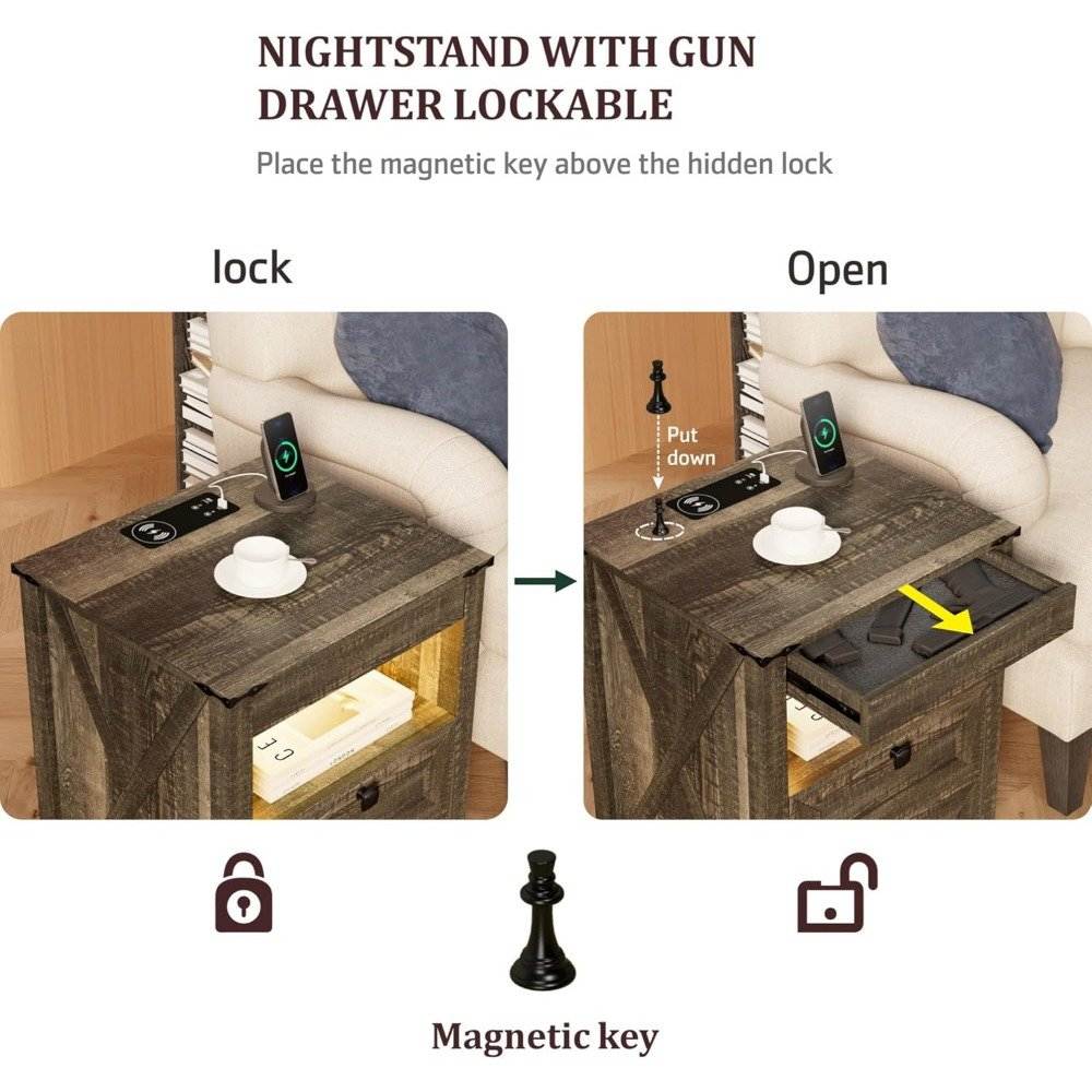 Set of 2 LED Premium Nightstands with Wireless Charging, Sensor Light & Hidden Drawer