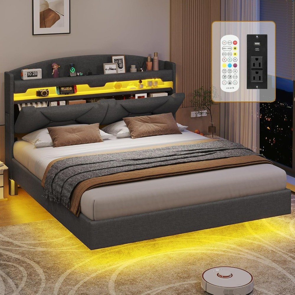 Queen Size Floating Bed Frame with Charging Station and LED Lights, Upholstered Platform - DSARD