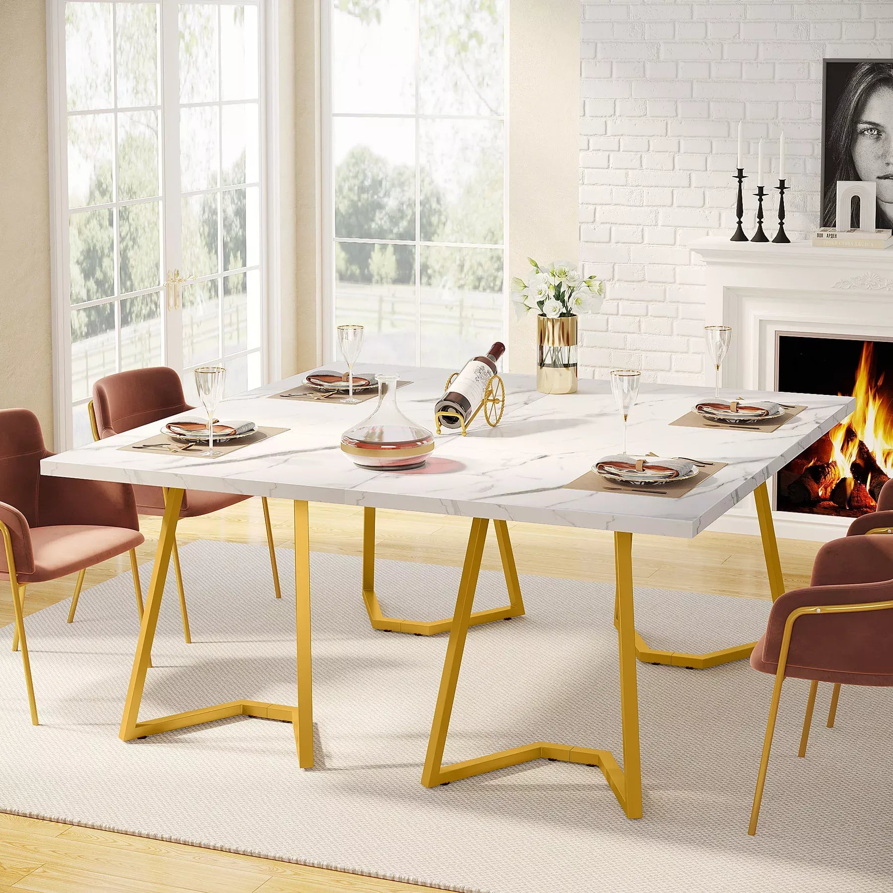 Modern White Faux Marble Dining Table with Gold Legs - DSARD
